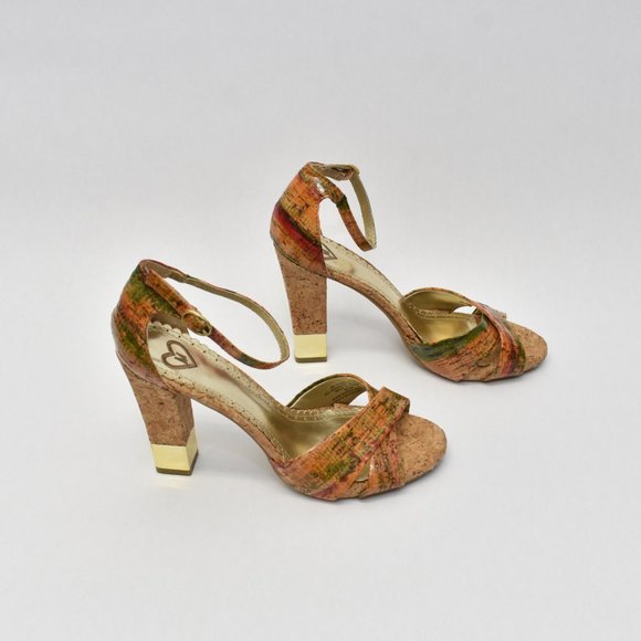 Sz 8 Cork & Gold Block Open-toe Block Heel - Picture 6 of 10